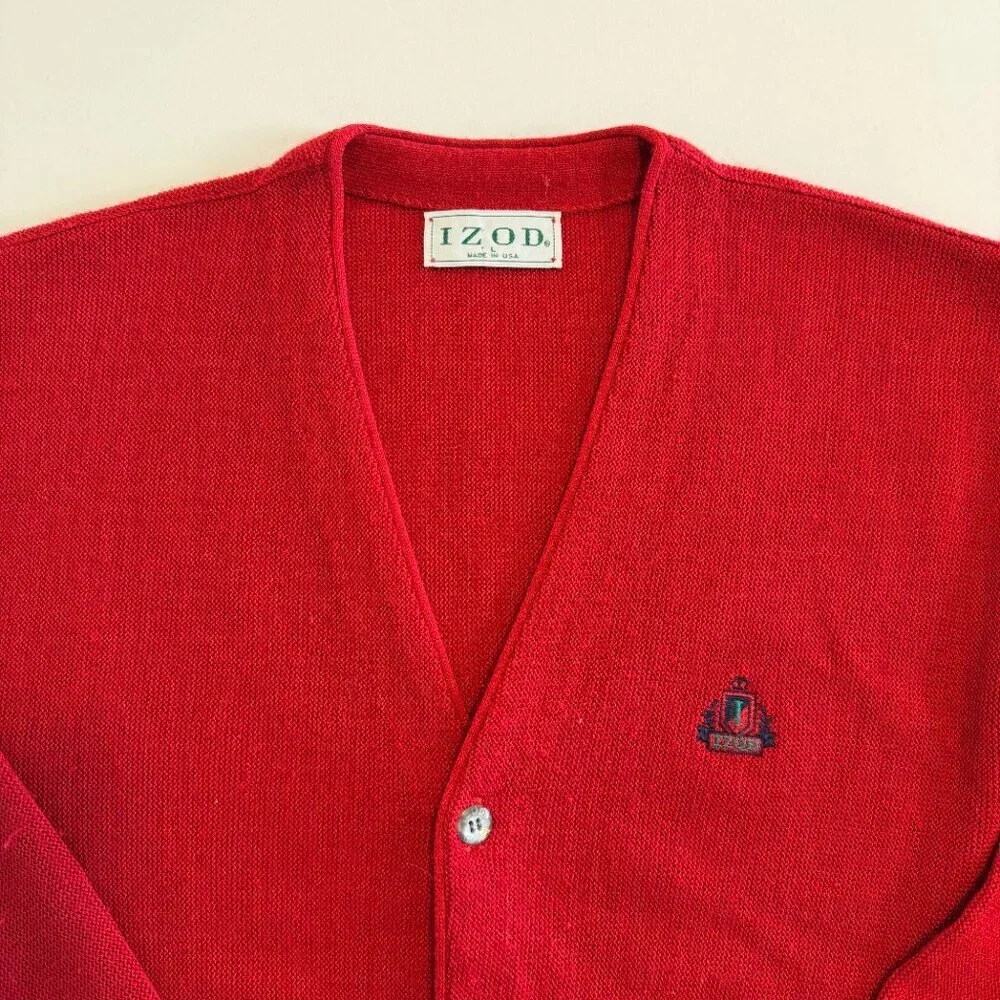 VINTAGE 90s IZOD Crest Indie Grandpa Red Cardigan Sweater Large